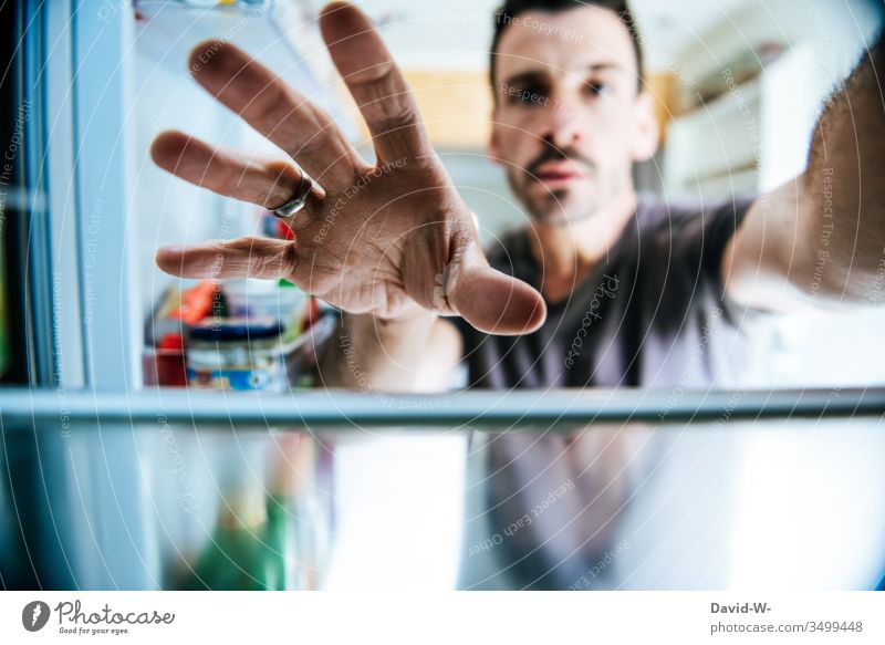Handle in the refrigerator Grasp by hand Icebox Eating nib hunger Fridge door open take out get out Door handle Perspective creative Creativity creatively great