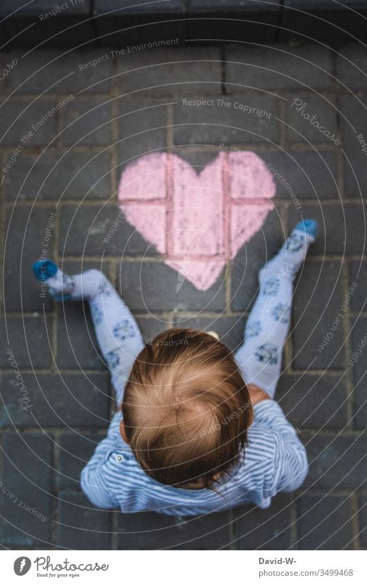 Infant with heart Heart Child Cute Boy (child) foot Love Think Observe Ground Chalk Drawing With love Sincere Warmest congratulations Heart-shaped Painted Red