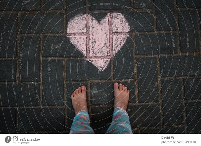 Child with heart Heart Cute foot Love Ground Chalk Drawing With love Sincere Warmest congratulations Heart-shaped Painted Red Emotions Light Day Colour photo