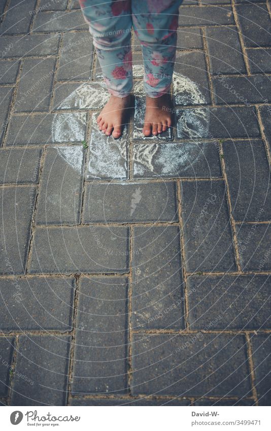 children of the earth Child stands Stand out Ground Chalk Drawing Future world Globe Global Around-the-world trip Innocent Fear of the future Small foot
