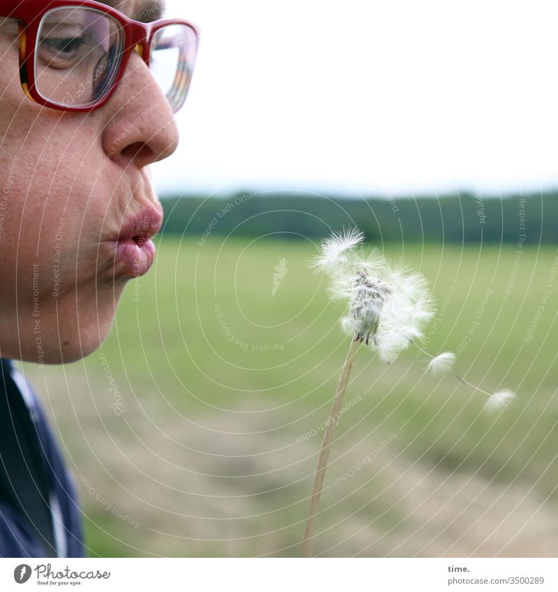 Dandelion Puster Woman dandelion Eyeglasses Landscape Force Blow blow Concentrate Profile Horizon Meadow omitted fun Inspiration Lips Mouth
