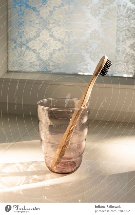 Bamboo toothbrush in a glass Toothbrush Eco-friendly Clean Bathroom Cleaning Dental care Personal hygiene Wood Environment Healthy Colour photo Morning Teeth