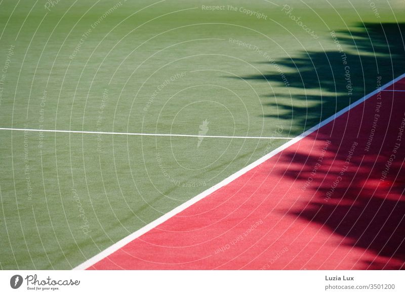 Playing field and tartan track deserted in sunlight, with lots of shade Sporting grounds Running track lines Shadow shrubby Deserted Geometry Sunlight sunshine