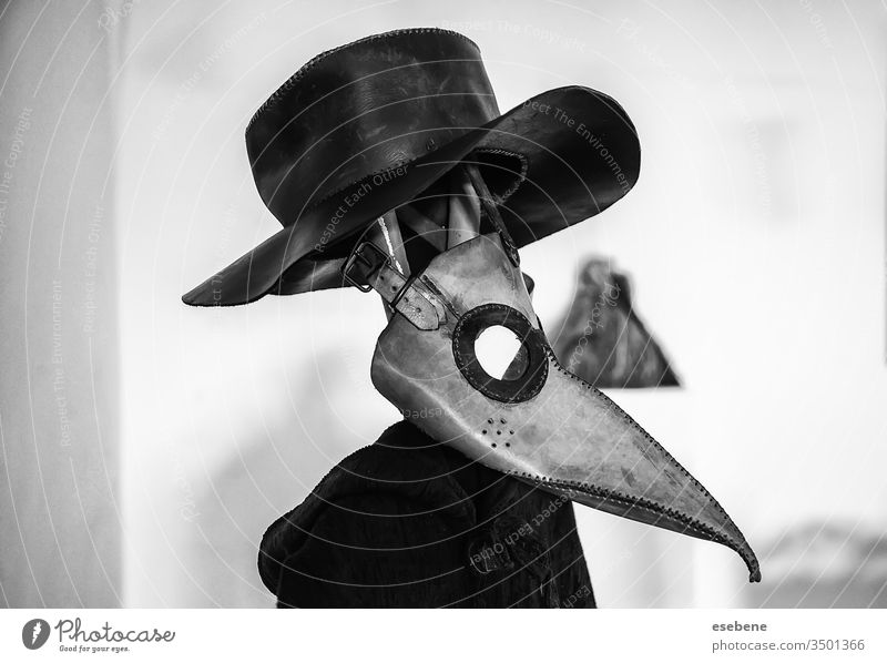 Plague mask, infectious crow white theatrical bubonic protection "plague doctor" masque decoration epidemic nightmare background science clothing stylized