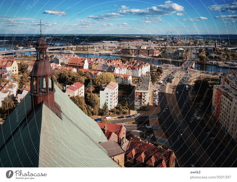 Clearly arranged City Poland Port City Szczecin urban Bird's-eye view view from above Overview of the houses Modern Church Crucifix house of God Dome