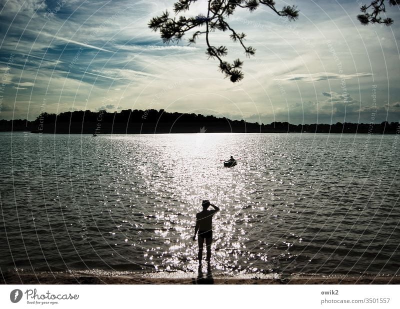 Boy, come back soon. Man Wait Lake Silhouette Twig Sky Island out Longing Sunlight Back-light Shadow Beach Expectation Exterior shot Sunset Light Summer Water
