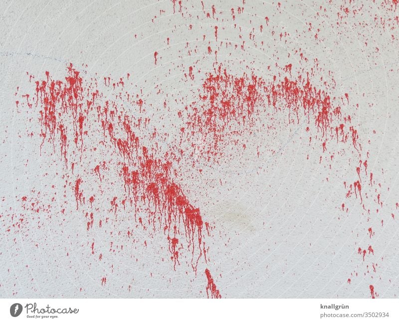 Red paint splashes on white wall Wall (building) Art Colour photo Abstract Graffiti Structures and shapes Deserted Exterior shot Pattern Close-up