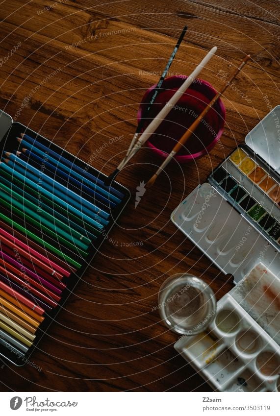 painting utensils Painting (action, artwork) Sign pens Watercolors Art Artist Wooden table Watercolours Tool creatively Creativity Primordial Analog Design