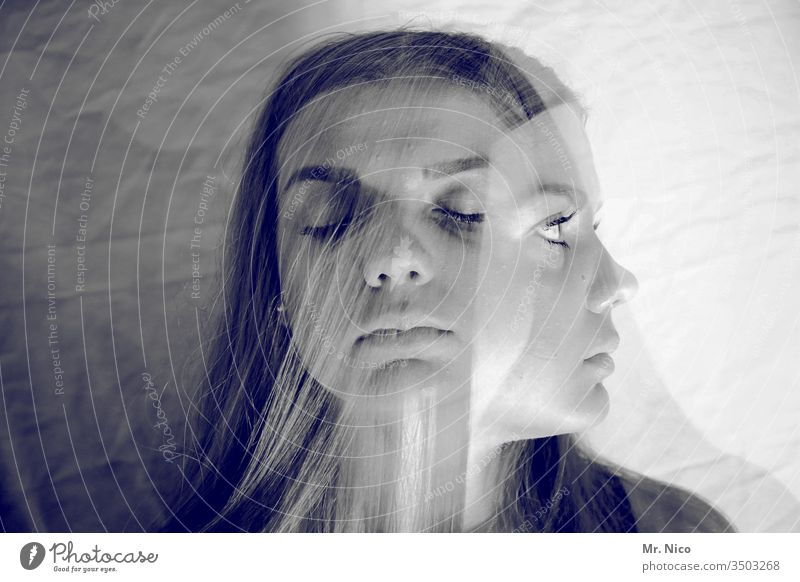 one and the same Closed eyes Double exposure Feminine portrait Experimental Abstract Looking away Exceptional Whimsical Delusion Illusion Schizophrenia Fantasy