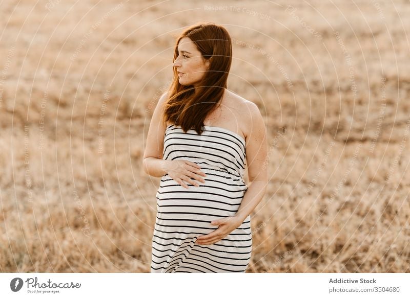 Pregnant woman in dry field pregnant belly touch countryside grass relax maternal female dress expect meadow rest nature tummy calm harmony lifestyle serene