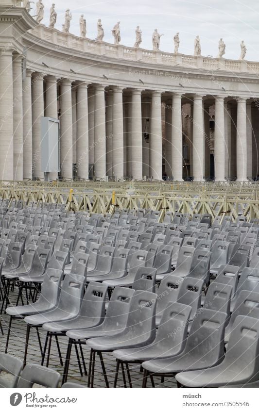 empty rows of chairs Chair Holy Gray Yellow columns plastic sacred chair Event Preparation lines Arrangement structure Safety Sit back seat public
