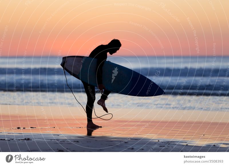 Silhouette of surfer on beach with surfboard. silhouette sunset summer sport man surfing ocean water nature sunrise active fun sand recreation lifestyle travel