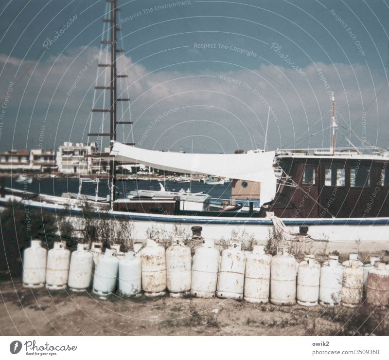 Hellas 1994 old photo Past Harbour Gas cylinder boat Maritime Exterior shot Navigation Colour photo Old Deserted Water Fishing boat fishing cutter Blue Greece