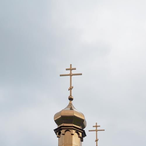 Two crosses Church spire Orthodoxy Orthodox church Christianity Christian cross Above Tall Metal Gold Identical two Signal sign of faith Berlin