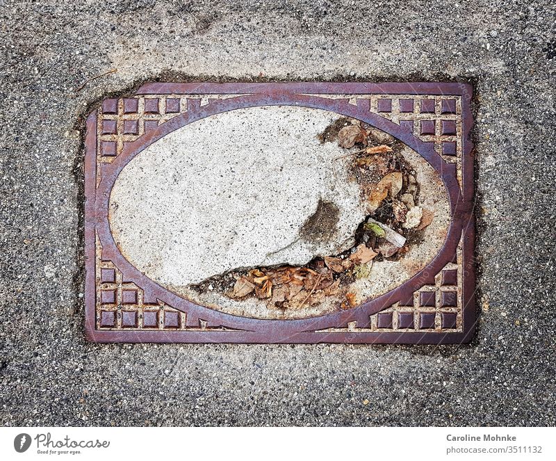 Small rectangular manhole cover with concrete and leaves Manhole cover Shaft Gully Architecture Deserted Exterior shot Colour photo Street Lanes & trails
