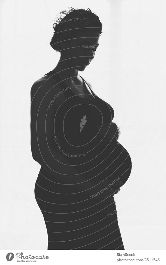 Pregnant woman standing against the window pregnant pregnancy belly home female silhouette beautiful happy baby young life care mother black bw person maternity