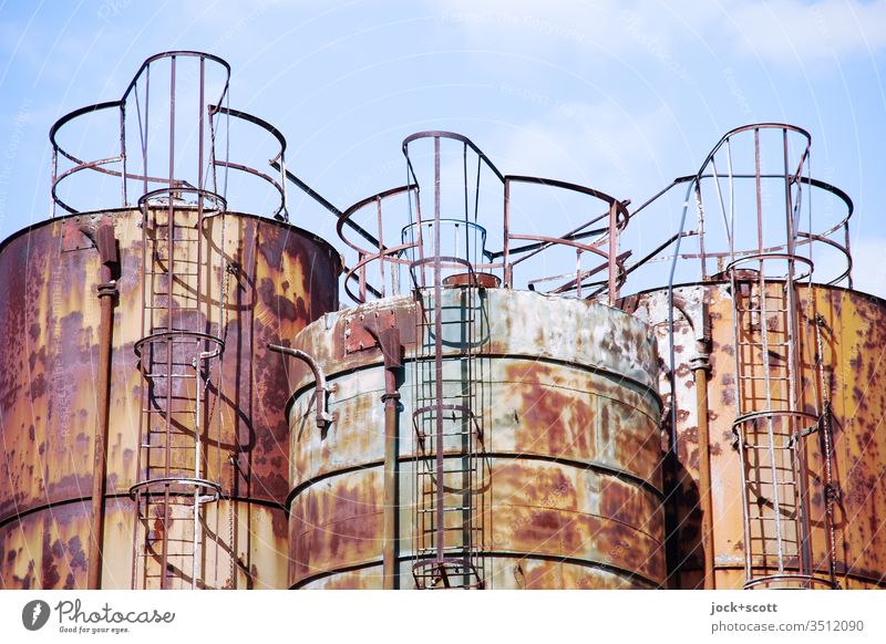 Triad of iron, oxygen and water three Industrial Photography Sky Neutral Background Change Symmetry Structures and shapes Tank exterior wall Ravages of time