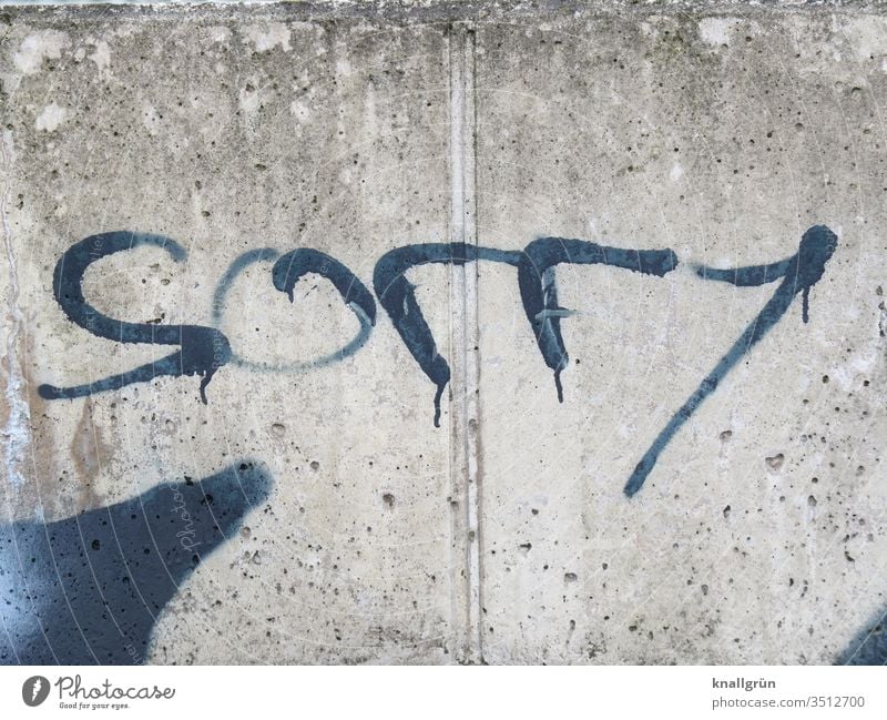 The word "Sorry" sprayed as graffiti on a grey concrete wall Graffiti sorry Communicate Concrete Concrete wall expansion joint Letters (alphabet) Word English