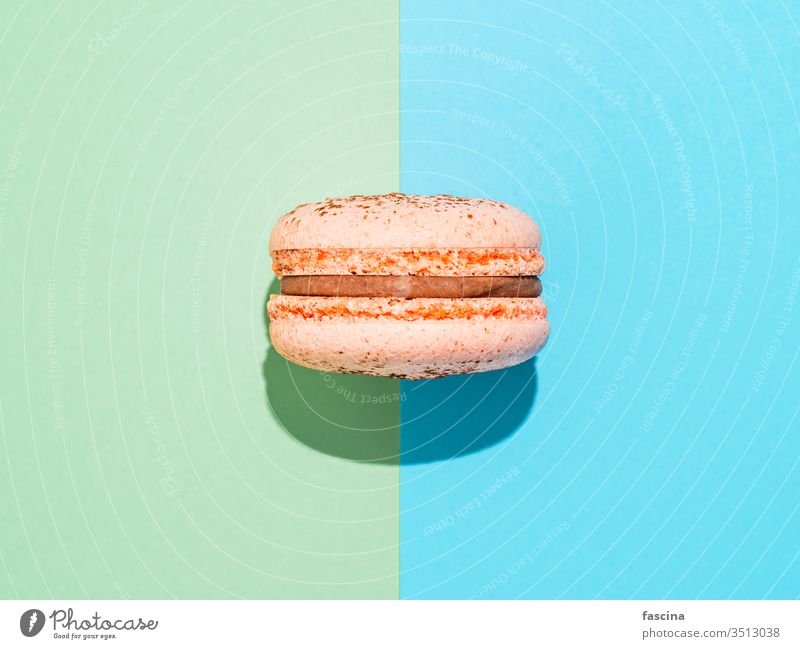 Macaron on blue and green, hard light macaron minimalistic duotone macaroon background flat lay copy space frame french confectionery delicious sweet dessert