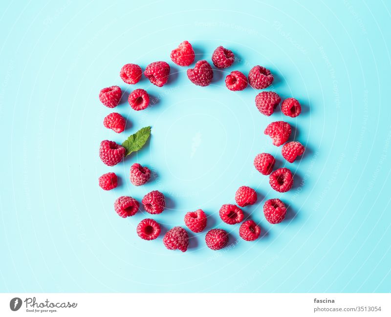 Raspberry in round shape on blue, copy space raspberry background raspberries isolated top view food color summer lay diet fresh flat vegan overhead concept