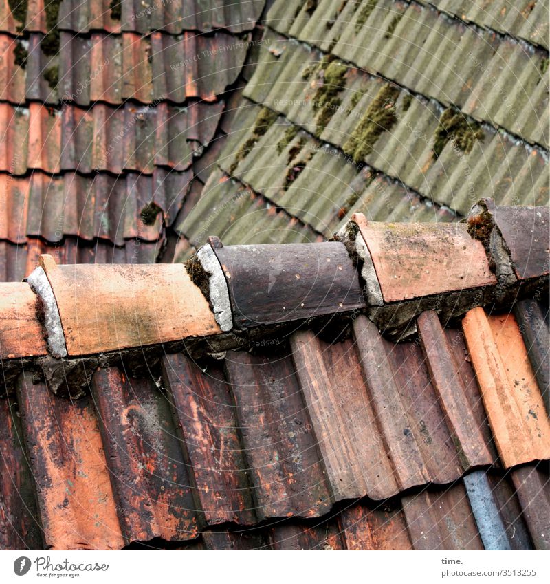 Tone over corner | triad out locked Protection Safety Border Roof built Red Old Trashy angles load experienced Inspiration Moss roof tiles Roofing tile