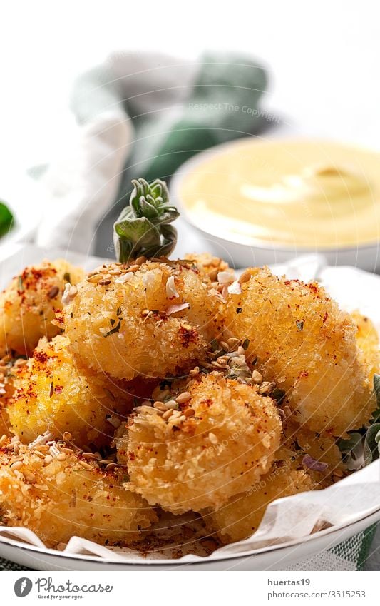 Small cheese and mozzarella balls fried in Panko Cheese Mozzarella breaded Food Crisp Snack cake Meal golden Appetizer Dinner Roasted Spinach Crunchy Gourmet