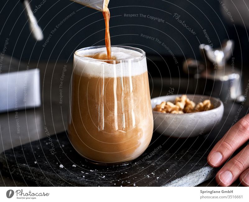 Salted latte with walnut milk vegan Walnut milk Food & Drinks Interior shot Beverage Coffee Glass Pour Plant milk Milk Nut milk almond milk drink Oat milk