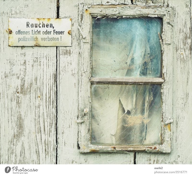 Smokehouse Window Wall (building) Hut Old sign interdiction No smoking board wall Colour Ravages of time Exterior shot Deserted Derelict Decline Colour photo