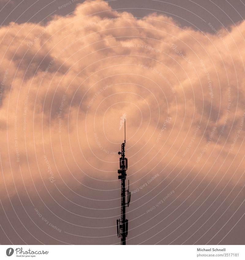 Transmitter mast in front of evening sky with clouds Broadcasting tower Exterior shot Telegraph pole Telecommunications Technology Deserted Sky Copy Space top