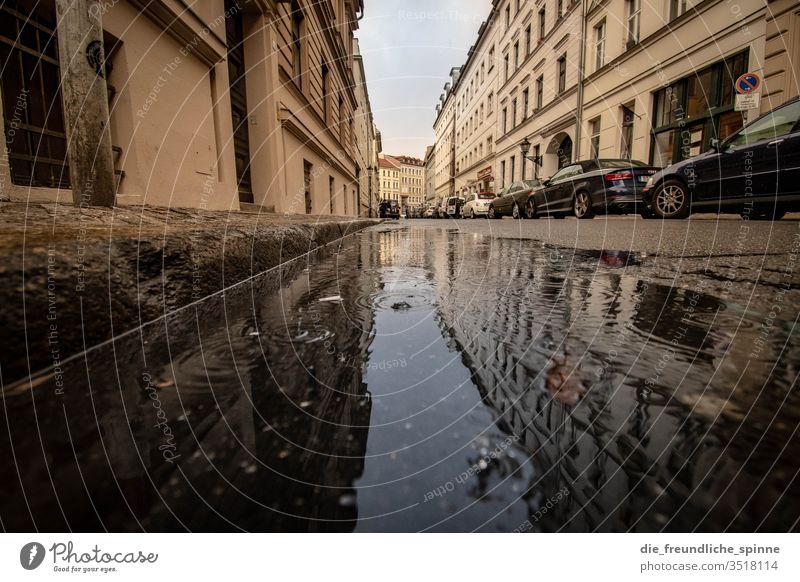 Spandau suburb Berlin Old town Water Puddle reflection Street cars off Sidewalk Reflection Rain Exterior shot Deserted Day Town House (Residential Structure)