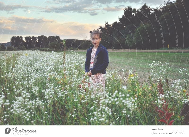 girl stands in a flower meadow in the nature Child Meadow Nature Flower meadow flowers Field acre in the country Landscape Summer spring Grass Exterior shot
