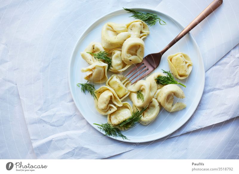 Tortelloni on the plate tortelloni pasta Lunch Fast food Italian Food eat fast white on white supervision dinner for one Snack Dill food and drink taste