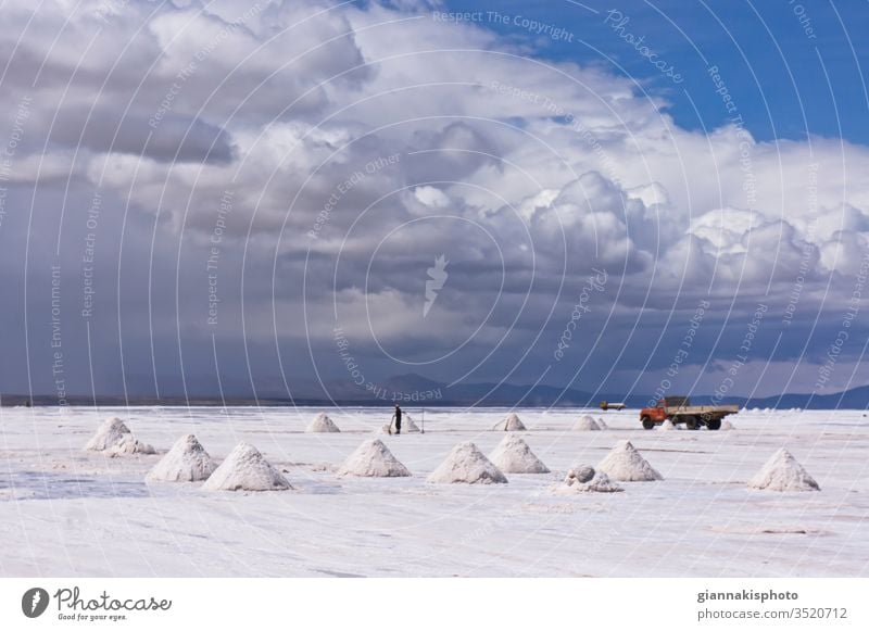 Piles of salt in Salar de Uyuni, South America, Bolivia, Salt Lake Andes High Altitude Andes Mountain Range Cordillera de los Andes High Plain High Plateau