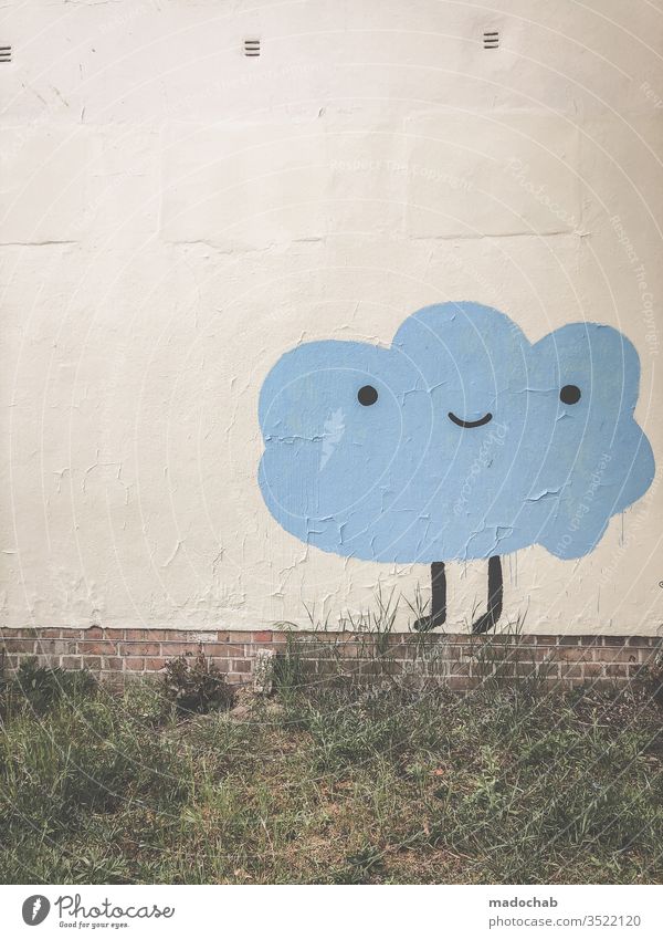 Smiling cloud Graffiti Art Drawing Wall (building) urban smile kind Weather Exterior shot Street art Deserted Colour photo Wall (barrier) Facade Sign