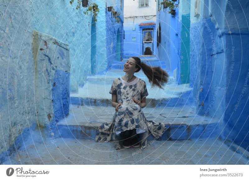turning blue in the blue city Morocco Africa Hot Old town City trip Copy Space top Summer vacation Destination Historic Culture Downtown Tourism Architecture