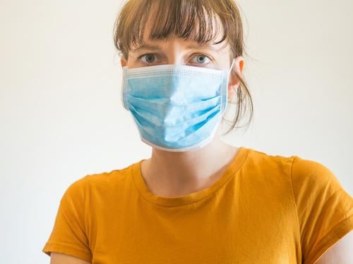 Young woman wearing protective face mask covid19 coronavirus quarantine stay home alone protection isolation epidemic flu girl pollution prevention spreading