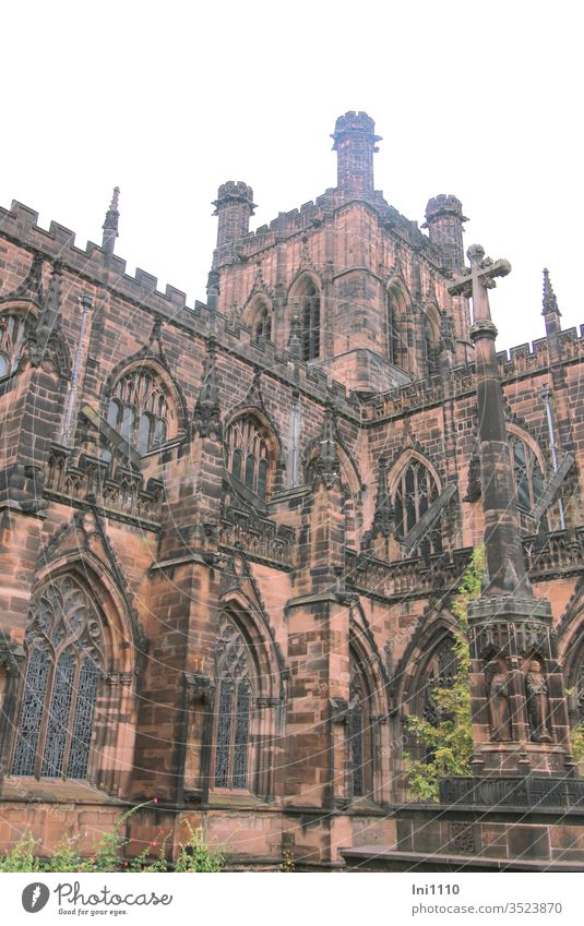 Partial view with tower of the red sandstone cathedral in Chester Sandstone Architecture Tower Historic Tourist Attraction Cheshire England partial view