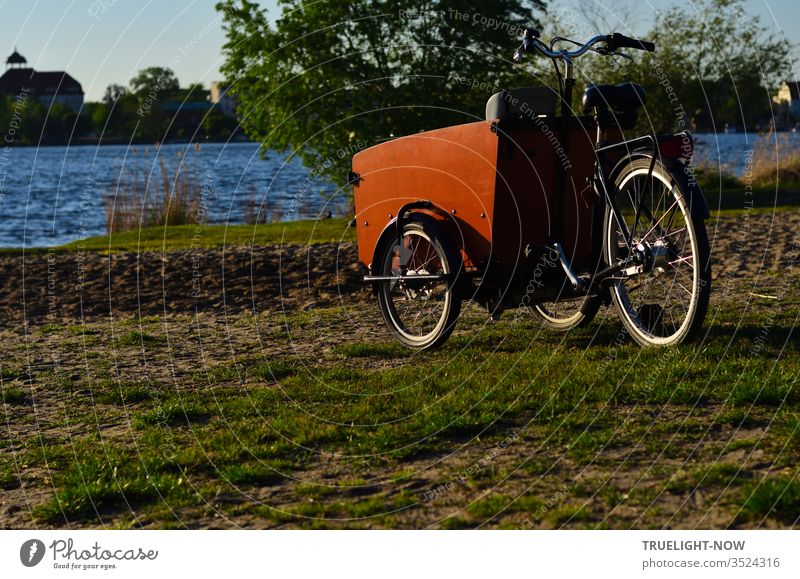 Very trend consciously the new load bike presents itself on a meadow with sand at the Havel beach in the evening sun load wheel New Bicycle Tricycle Rickshaw