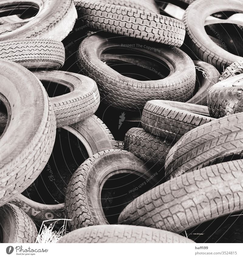 a bunch of old car tires Car tire Tire Old Broken Rubber tires Special waste Trash Dispose of Environmental pollution Tire tread wild landfill Heap Disposed of