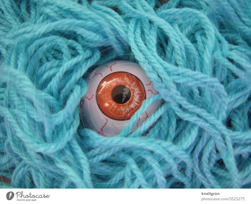 A brown glass eye stares through blue wool threads Eyes Wool Looking Observe gape peer peep Brown eyes Eerie Creepy Hiding place woolen threads Colour photo