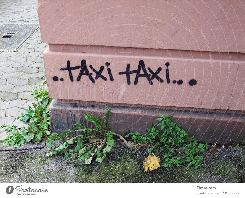 Meanwhile lying there longing for a taxi Taxi Characters Graffiti house corner Wall (barrier) Wait reclining Facade Letters (alphabet) Sign Deserted