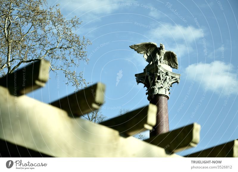 Above the beams of a pergola on a marble column with an ornamented capital sits an eagle sculpture with spread wings and an open beak; sometimes a treetop can also be seen - all before a blue sky with some white clouds