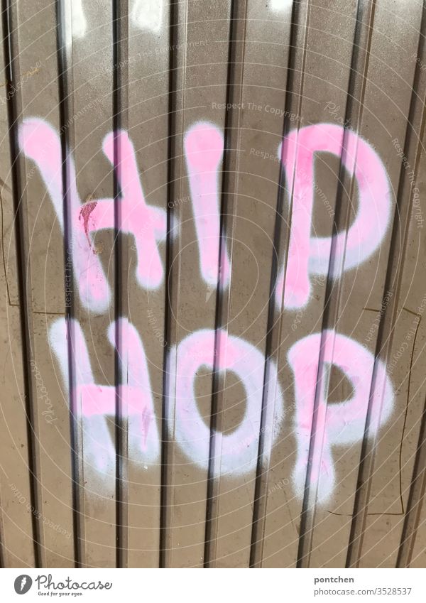 Graffiti on corrugated iron garage door. Text "hip hop" Garage door Word illicit Youth culture Deserted Letters (alphabet) Exterior shot Colour photo Daub