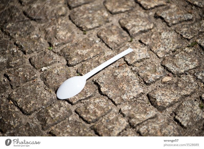 Plastic spoon lying around on the sidewalk Spoon plastic spoon Cutlery Nutrition off Street Paving stone Colour photo Subdued colour White Brown Doomed lost