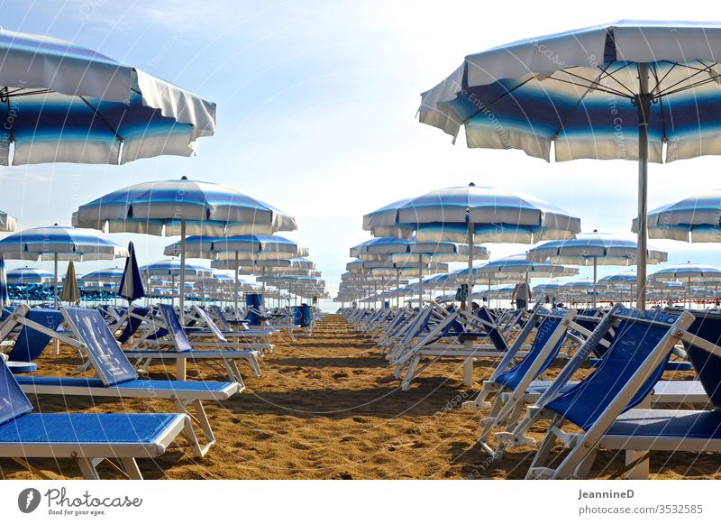 blue sunbeds with matching umbrellas on the beach Sunshade Summer Vacation & Travel Relaxation Exterior shot Deserted Day Tourism Beach Sky Blue Green Striped