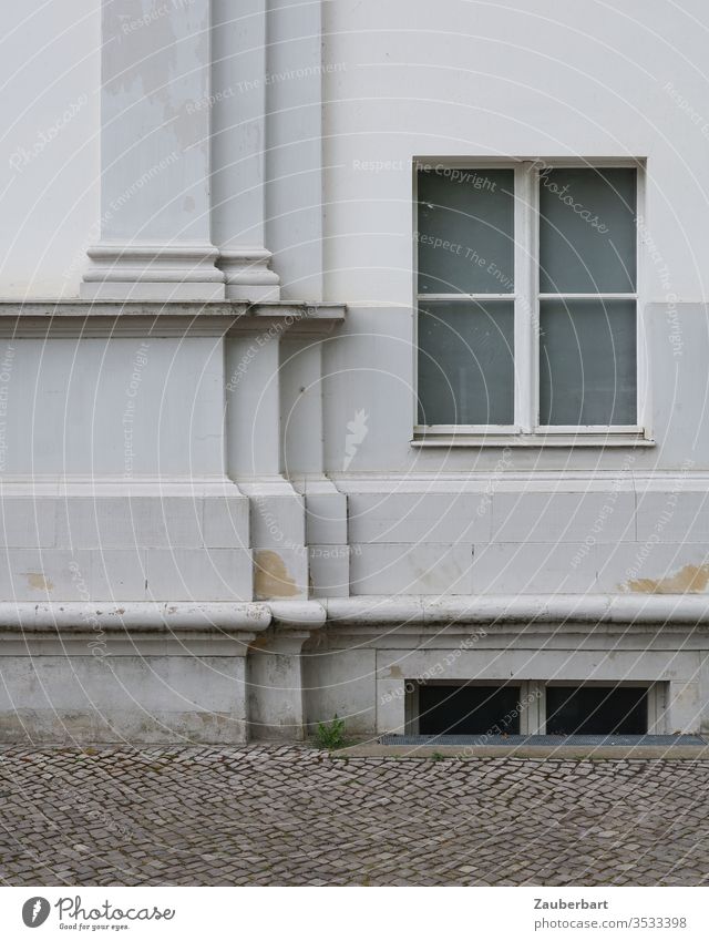 Facade, stucco and windows at Oranienburg Palace Lock slice light gray Window Column Gray pavement neat unostentatious Noble Gloomy Wall (building) built