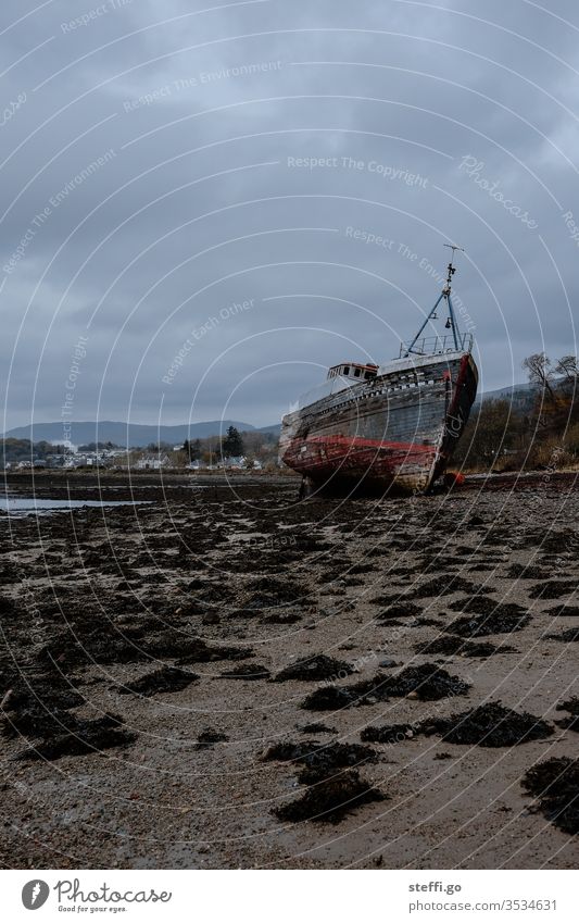 Shipwreck on a beach in Scotland in bad weather Europe Great Britain Ben Navis ship Wreck Old Exterior shot Deserted Colour photo Day Nature Landscape