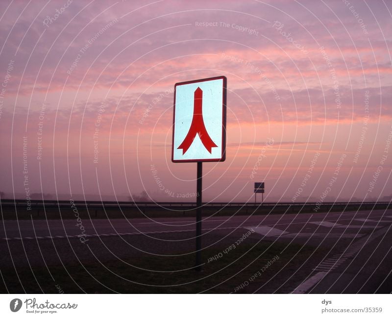 Off to heaven Sky Signs and labeling Road sign Lanes & trails Sun Sunrise Sunset Clouds Red Highway Street Beginning Dawn Morning Evening Night Transport Europe