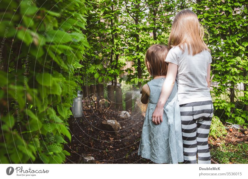 Two children watering the garden hugging girl Colour photo Cast Embrace at the same time Attachment Affection Leisure and hobbies Garden Gardening Hedge