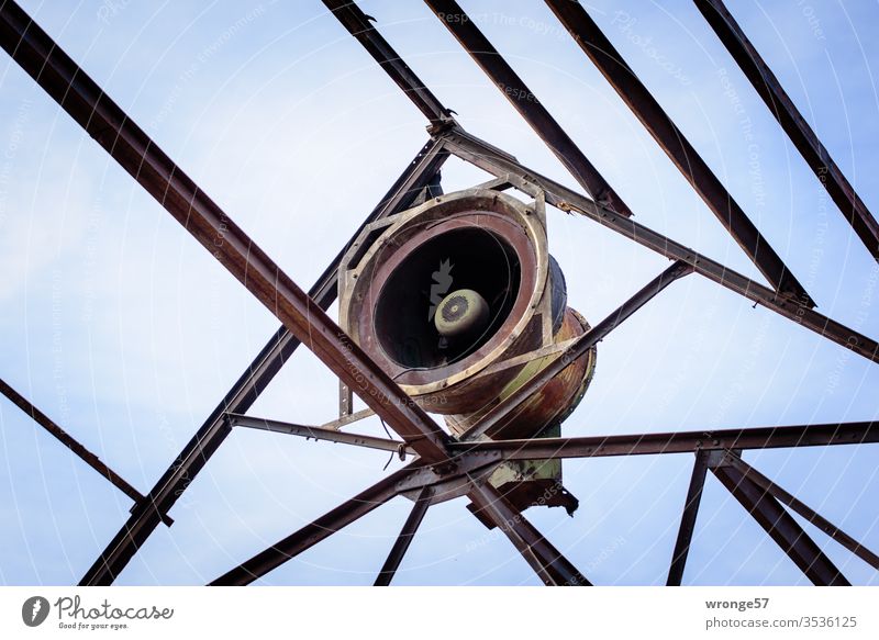 Old ventilator of a workshop under the open sky Fan roasted Outlet air Exhaust air fan Hall Roof construction hall roof Steel carrier Colour photo Metal